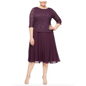Alex Evenings Women's Plus Size Tea‎ Length Lace Mock Dress Size 14P Plum